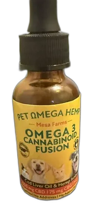 Pet Omega Hemp tincture bottle shown at an angle