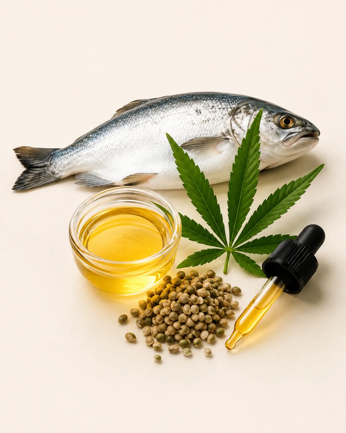 Wild fish, a hemp leaf, hemp seeds, oil, and a dropper — the ingredients behind Pet Omega Hemp