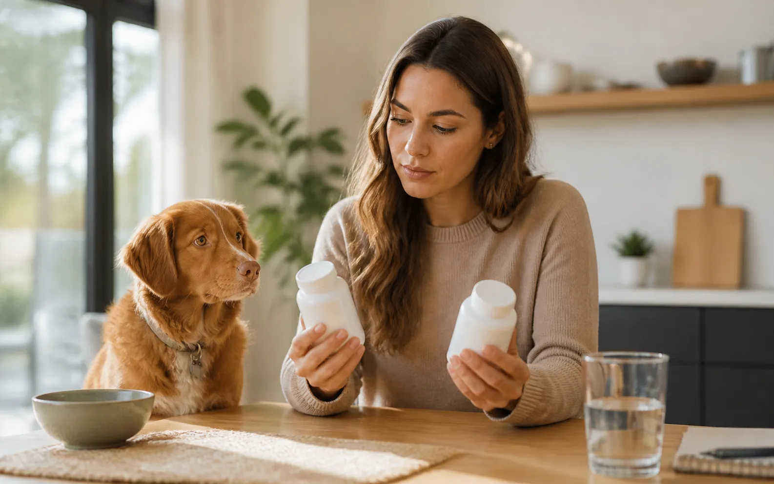 A careful pet owner comparing two supplement bottles beside her dog