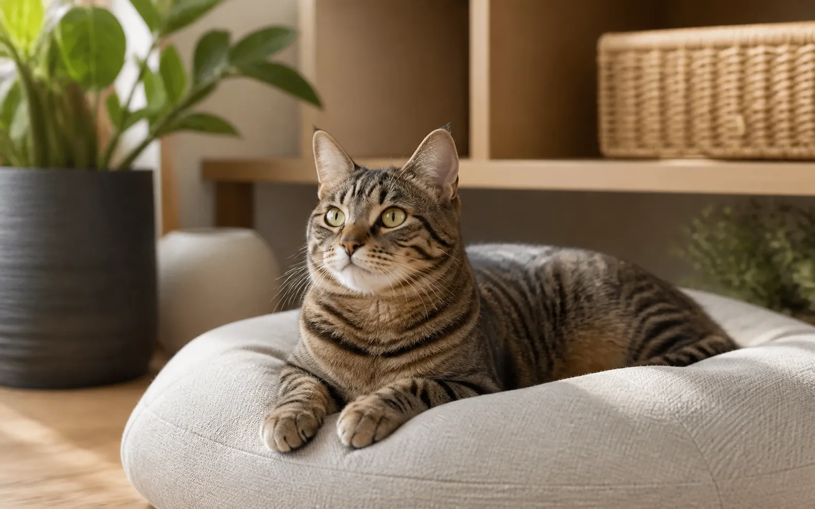 A healthy relaxed tabby cat resting in a sunlit home