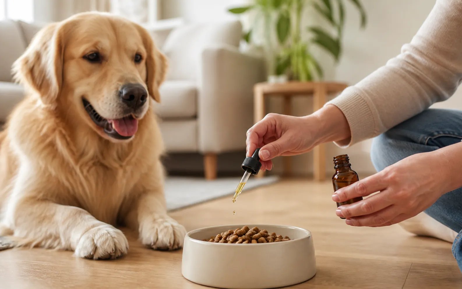 A pet owner carefully adding drops to a dog's food