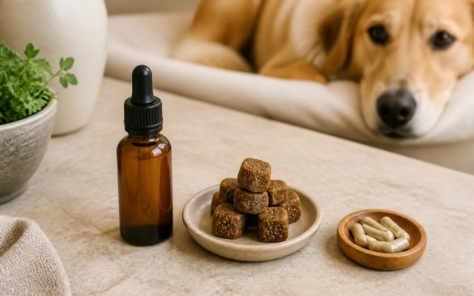 A dropper bottle, pet chews, and capsules arranged for comparison