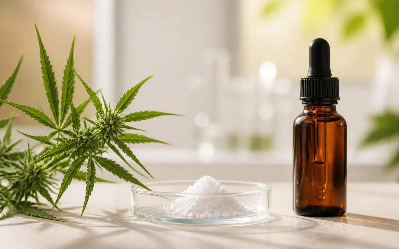 A hemp plant, purified isolate, and amber dropper bottle in a clean laboratory setting