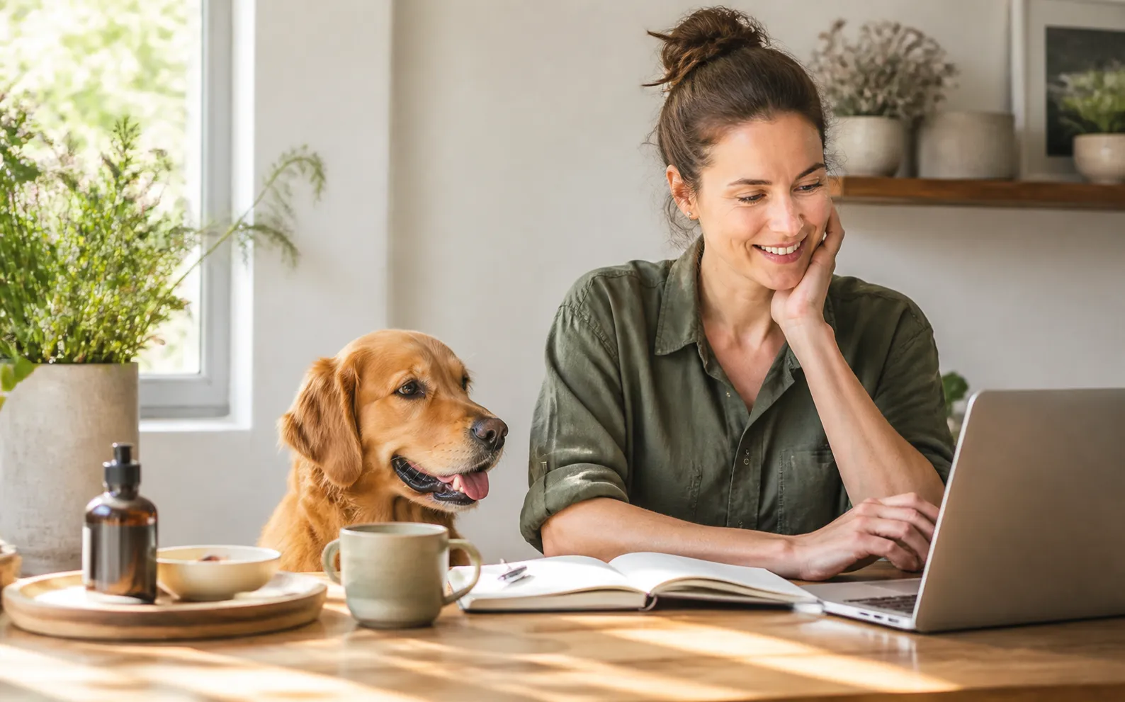 A pet owner researching wellness topics with her dog beside her