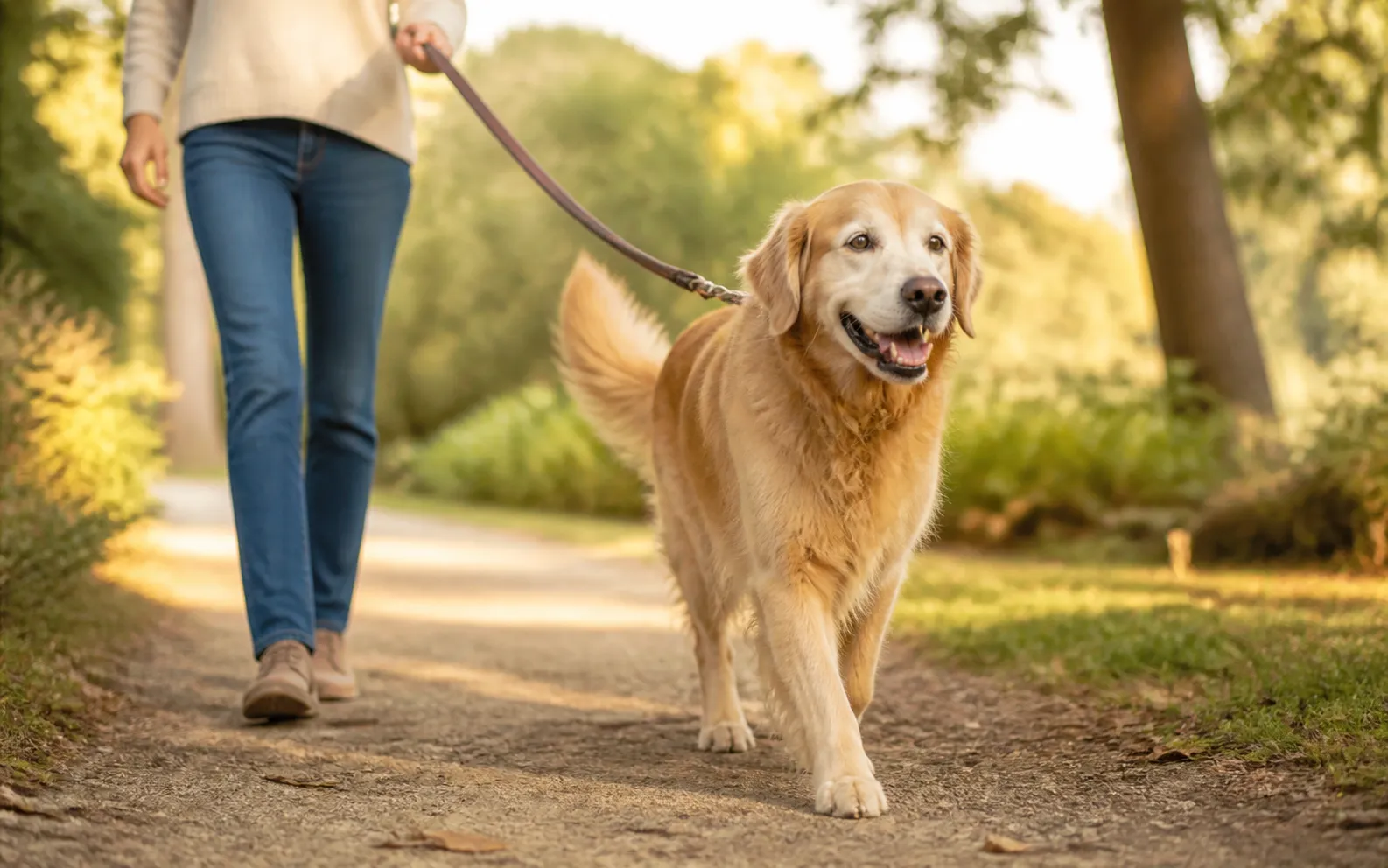 A healthy senior golden retriever enjoying a comfortable park walk