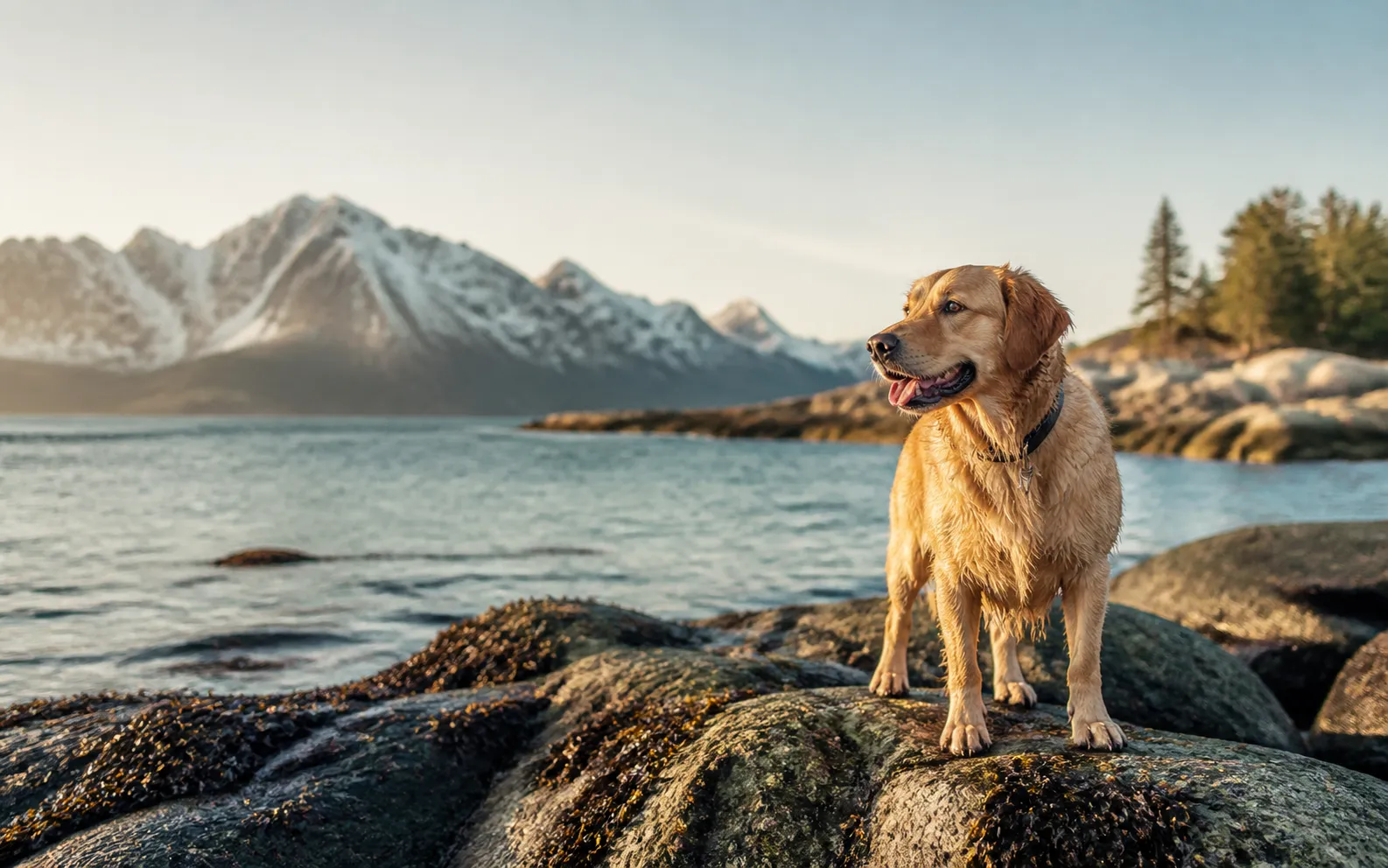 A healthy golden retriever on a pristine northern coastline