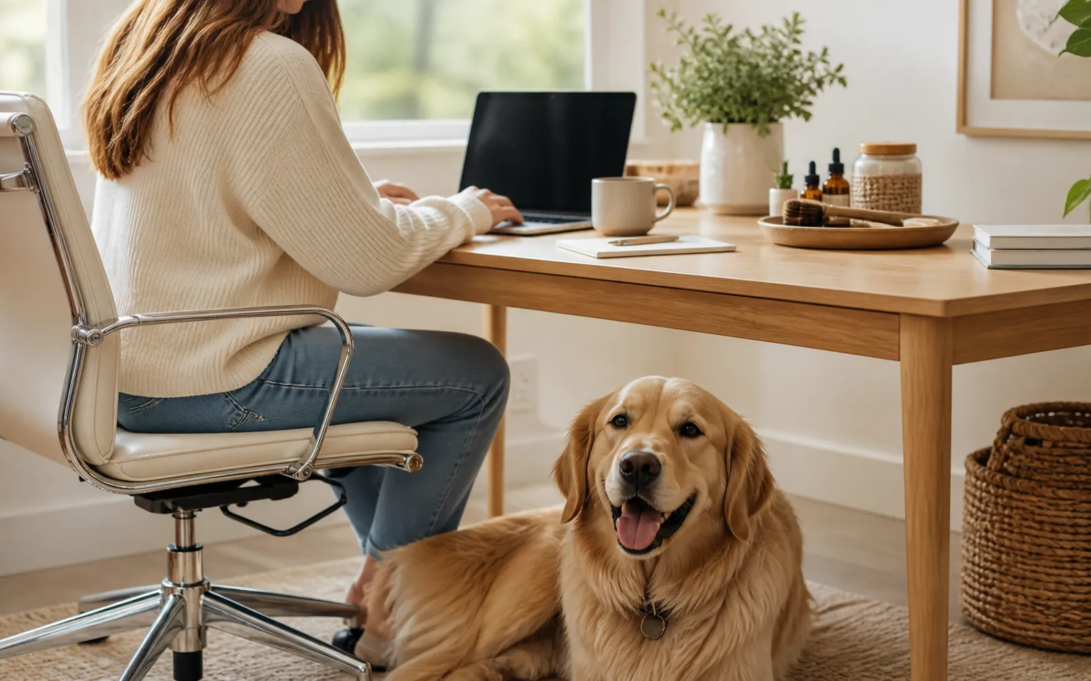 A pet wellness team member working at a desk with a happy dog nearby