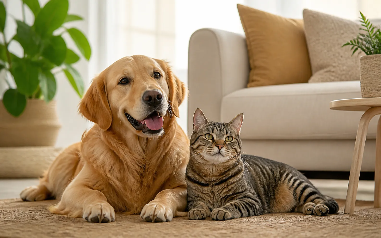 A relaxed golden retriever and tabby cat together in a bright home