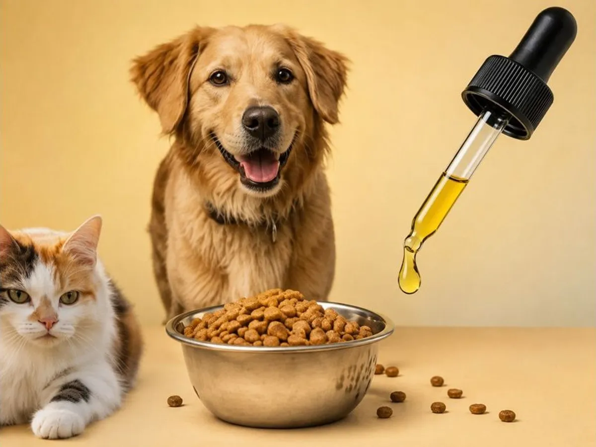 A dog and cat beside a food bowl with a dropper